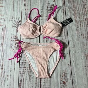 Hot Pink Strap Two-Piece Bikini Set ribbed.